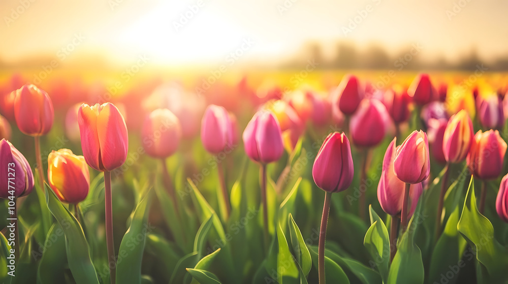 A colorful field of tulips stretching as far as the eye can see, celebrating the joy of spring. A colorful field of tulips stretching as far as the eye can see, celebrating the joy of spring.