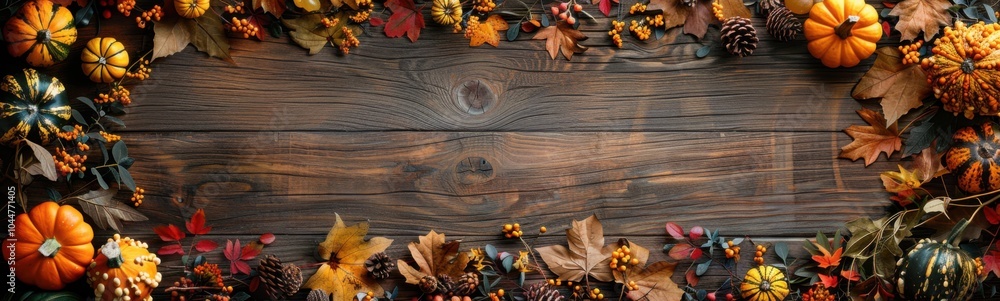 Wooden background with a wreath of pumpkins and other decorations, banner, copy space Wooden background with a wreath of pumpkins and other decorations, banner, copy space