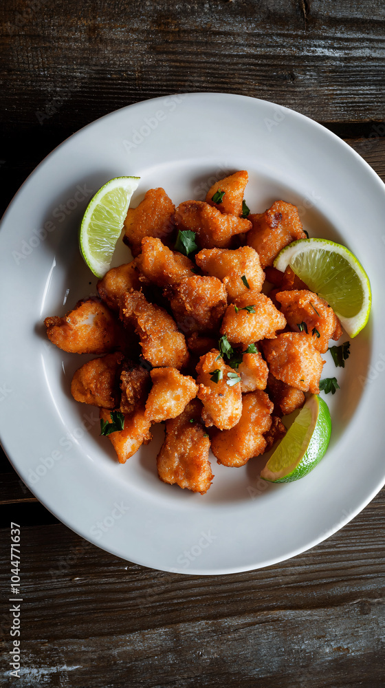 Breaded fried chicken bites are served on a white plate with lime wedges and parsley on top Breaded fried chicken bites are served on a white plate with lime wedges and parsley on top