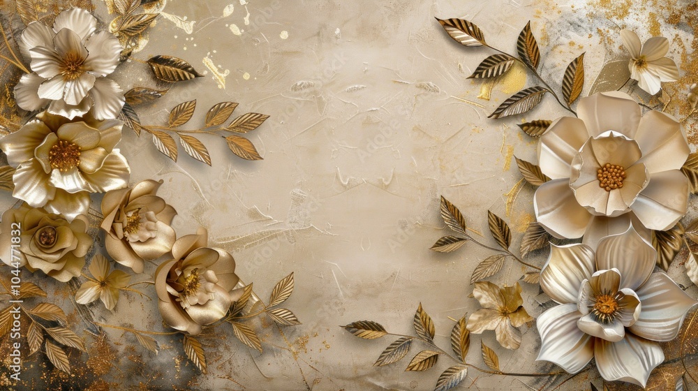 Fototapeta premium Classic wallpaper with soft colored paper flowers and gold spray background.