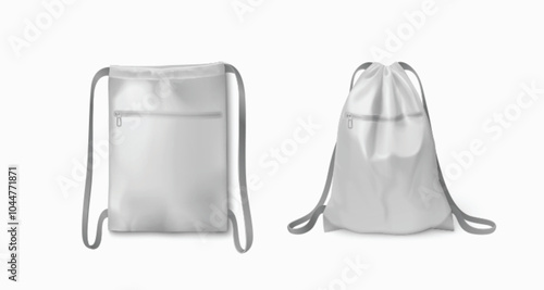 White backpack mockup with thin long drawstring for carrying gym clothes or school tools. Realistic 3d vector illustration set of blank soft fabric shoulder rucksack with string strap template.