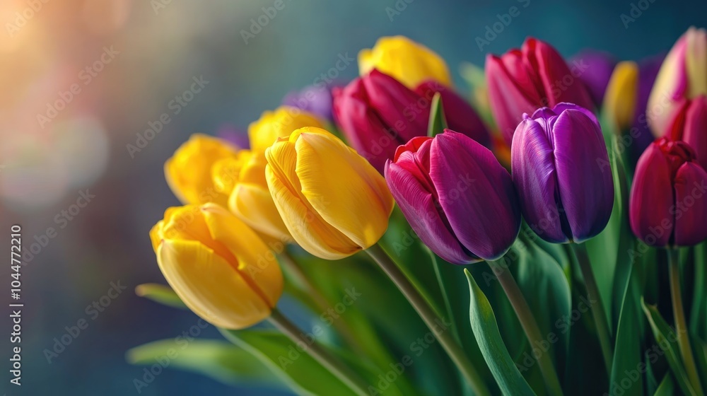 Vibrant bouquet of yellow purple and red tulips Vibrant bouquet of yellow purple and red tulips