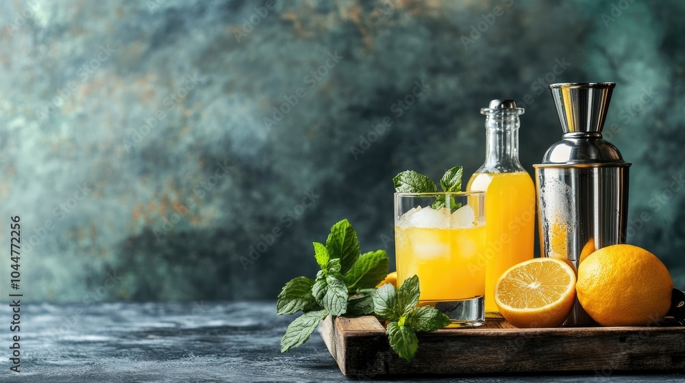 Orange lemonade in a decanter on a wooden tray alongside a cocktail shaker perfect for crafting refreshing summer drinks and accommodating your subject and text Orange lemonade in a decanter on a wooden tray alongside a cocktail shaker perfect for crafting refreshing summer drinks and accommodating your subject and text
