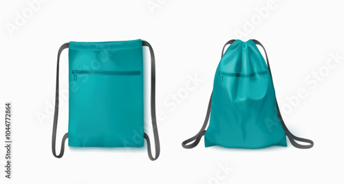 Drawstring bags set isolated on white background. Vector realistic illustration of full and empty turquoise sack mockups with black strings and blank space for branding, schoolbag, camping accessory