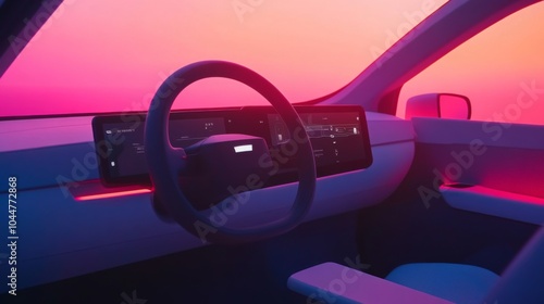 Modern car interior with a minimalist dashboard and futuristic design against a pink sunset.