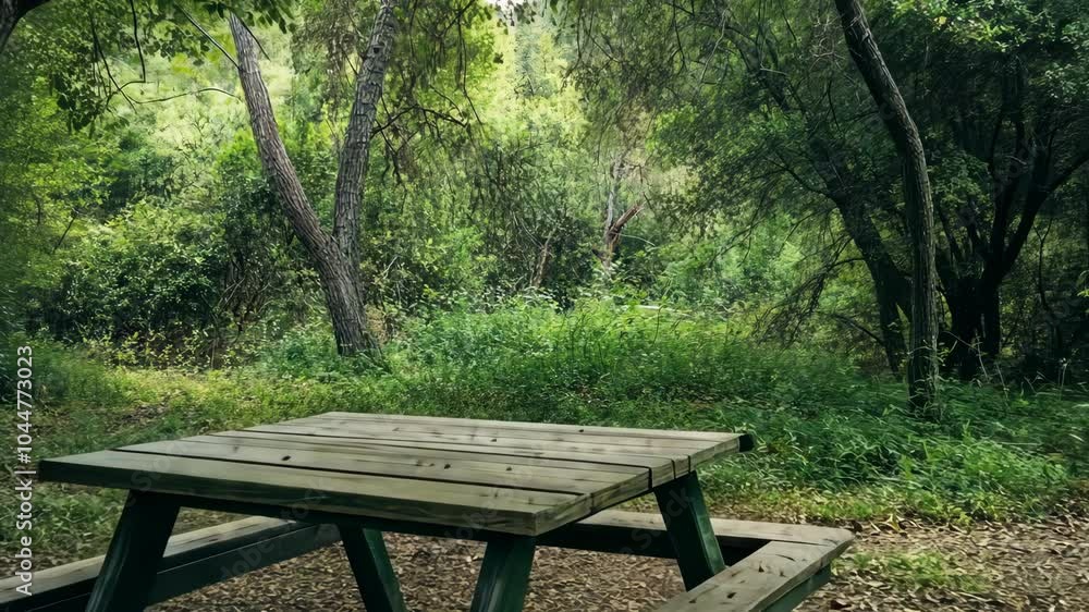A wooden picnic table sits in a clearing in a dense forest A wooden picnic table sits in a clearing in a dense forest