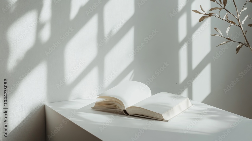 Open book on a white table with light and shadows streaming in from a window. Open book on a white table with light and shadows streaming in from a window.
