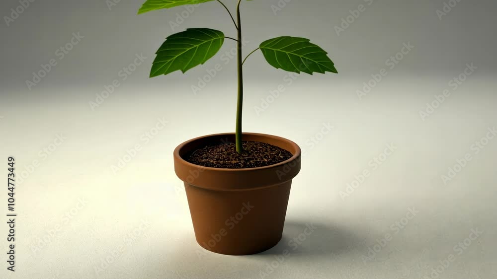 A small plant with two leaves grows in a terracotta pot on a white surface A small plant with two leaves grows in a terracotta pot on a white surface