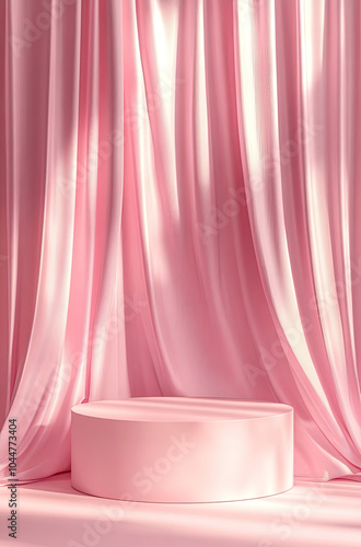 Soft and Feminine 3D Rendered Podium with Light Pink Curtains for a Warm Ambience