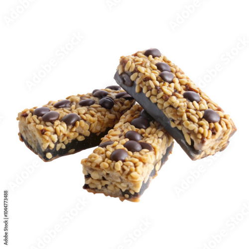 Three delicious granola bars featuring a combination of oats, chocolate chips, and a rich chocolate coating, isolated on a black background.