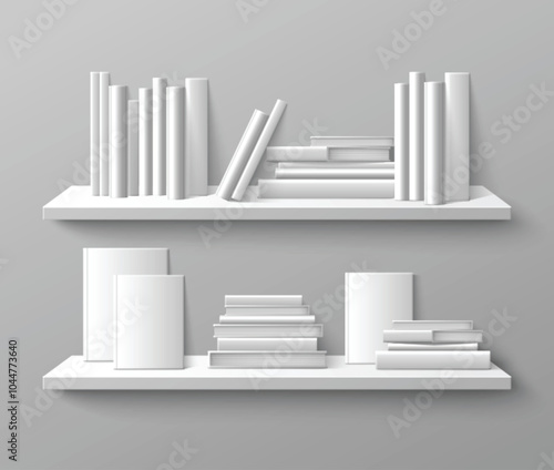 Book stack spine and front cover view on wall shelf. Realistic 3d vector illustration of paper literature with hardcover standing and lying on bookshelf for store, home or library interior design.