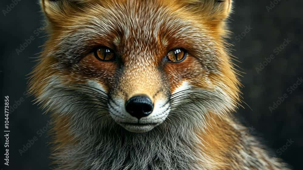 A red fox stares intensely at the camera with its amber eyes, its thick fur shimmering in the light