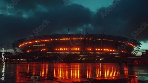 Wallpaper Mural A Stunning Night View of an Illuminated Stadium Reflecting on a Wet Surface Under Dramatic Cloudy Skies Torontodigital.ca