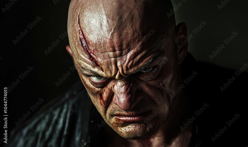 Closeup of a man's angry face with scars. Closeup of a man's angry face with scars.