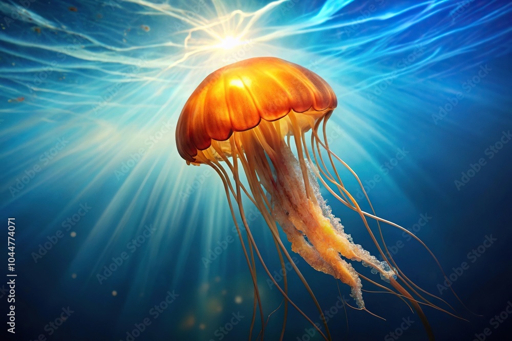Underwater scene of illuminated orange jellyfish Underwater scene of illuminated orange jellyfish