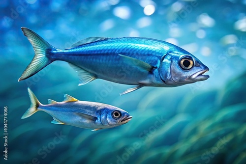 Underwater scene of a macro shot of blue fish and small herring swimming in the sea, with Pisces catching fish.