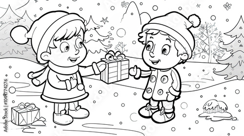 Happy children in winter clothes giving a Christmas gift. Coloring page for kids. Black and white illustration