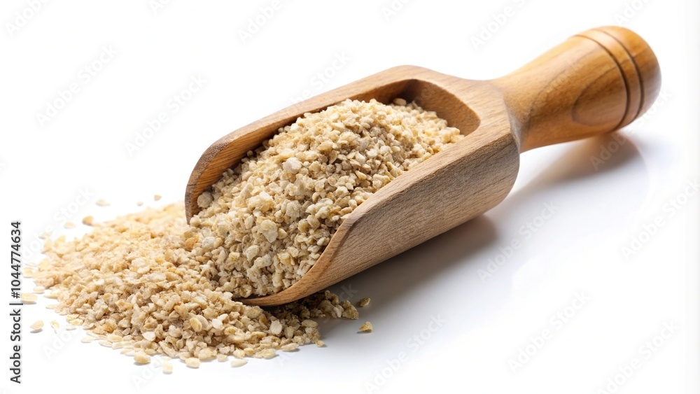 Silhouette of uncooked oat bran in a wooden scoop isolated on white background Silhouette of uncooked oat bran in a wooden scoop isolated on white background