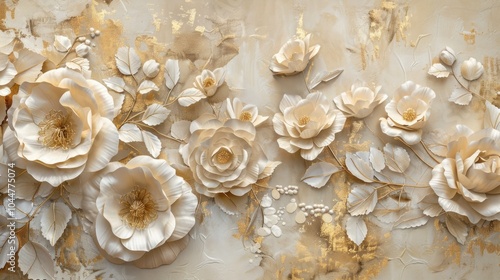 Classic wallpaper with soft colored paper flowers and gold spray background.