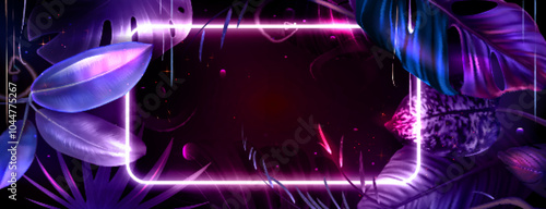 Tropic summer party banner template. Vector realistic illustration of neon light rectangle and exotic rainforest plants on black background, palm tree and monstera leaves, nightclub disco poster