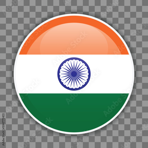 Glossy round flag of India on checkered background. Icon for mobile apps, UI or web design