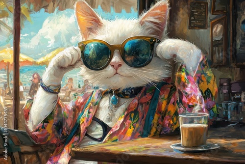 A white jackal sporting sunglasses and floral clothes drinks coffee at a coastal tavern.