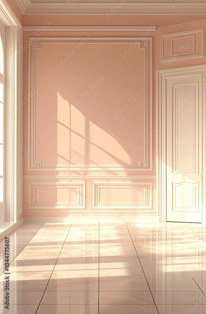 Delicate Peach Wall with Classic Trim for a Timeless and Sophisticated Setting Delicate Peach Wall with Classic Trim for a Timeless and Sophisticated Setting