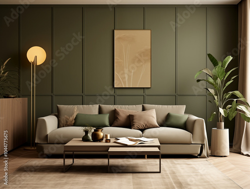 Living room interior in modern minimalist style with wooden panneling. Neutral and light colors interior with wood wall panels, bronze metallic accent decor and large artwork. Wood panneling walls.  photo