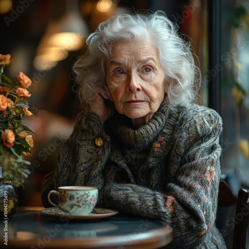 Elderly Woman Sitting at the Kitchen Table with Pensive Expression