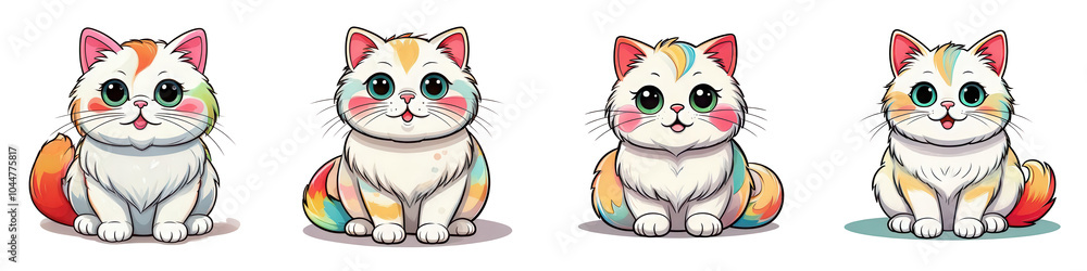 Cute cartoon cats with colorful patterns, white isolate background. Cute cartoon cats with colorful patterns, white isolate background.