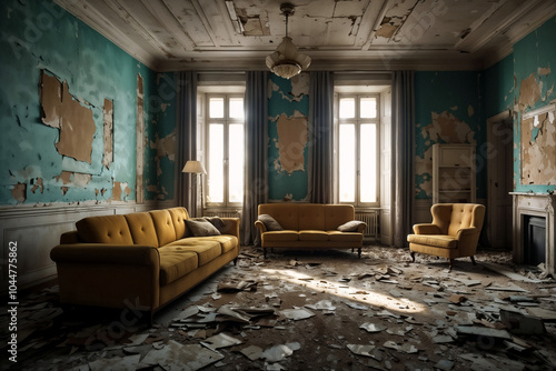 Old past of poor, cuffed floor, tripped wallpaper on wall. Background of living room interior of an abandoned communal apartment, dirty room, rotten peeling walls. Repair concept. Copy ad text space photo