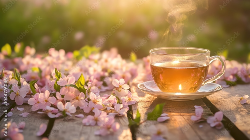A hot cup of tea rests on a wooden table surrounded by blooming flowers in gentle morning light A hot cup of tea rests on a wooden table surrounded by blooming flowers in gentle morning light