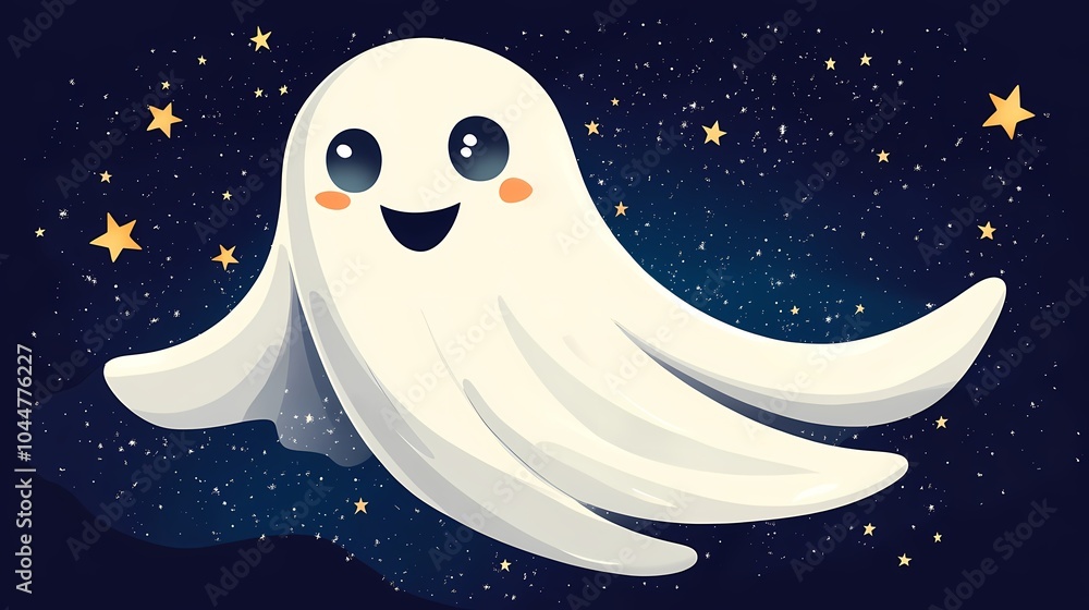 Cute cartoon ghost with big eyes floating in a starry night sky. Cute cartoon ghost with big eyes floating in a starry night sky.