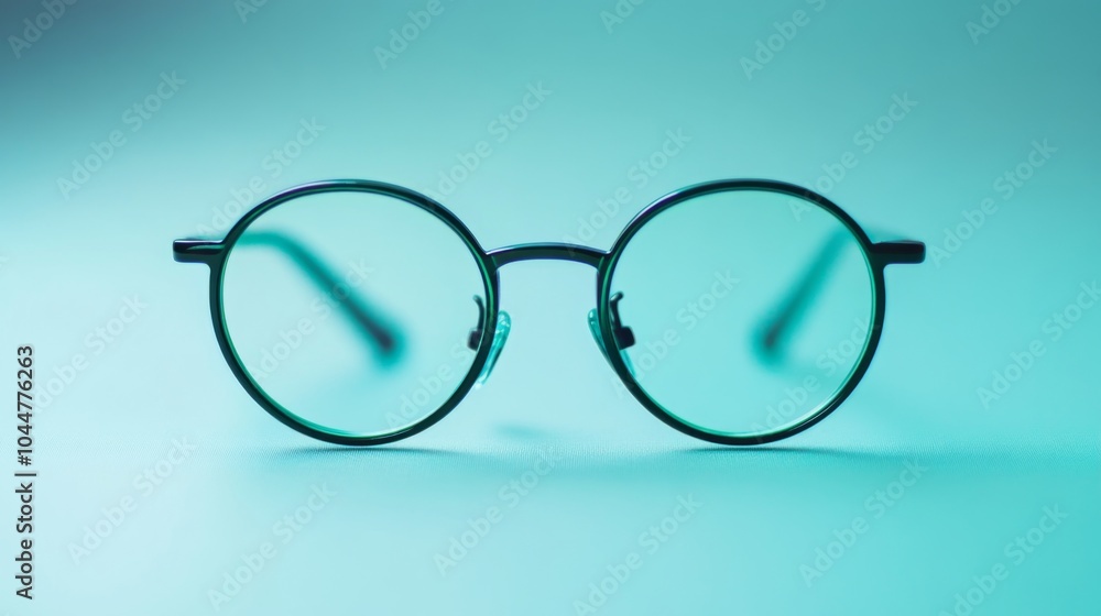 Fototapeta premium A pair of round, black-framed eyeglasses with clear lenses sits on a turquoise surface.