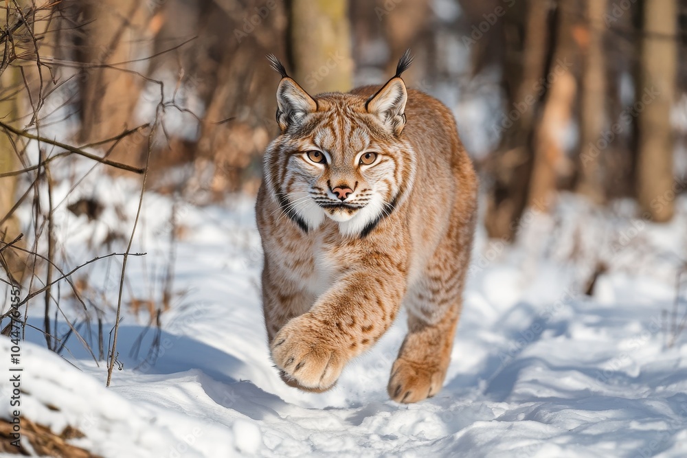 Fototapeta premium Majestic Lynx Striding Gracefully Through a Winter Wonderland, Showcasing Nature's Beauty and Wild Spirit in Glorious Detail