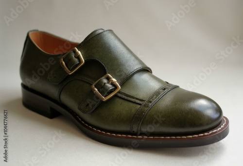 Olive Green Pebble Grain Monk Strap Shoe with Antiqued Brass Buckle photo