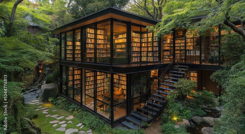 A Japanese modernist house with a library and art studio built into the side of an old-growth forest. A Japanese modernist house with a library and art studio built into the side of an old-growth forest.