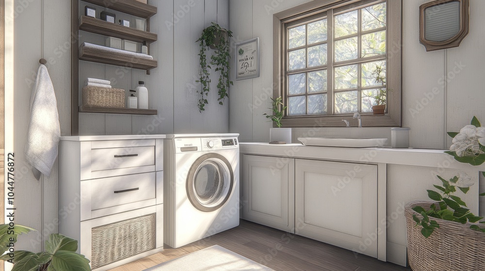 Cozy bathroom laundry setup with stacked storage, a front-load washer, and a stylish sink