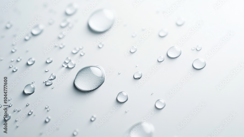 Water droplets on a clean white surface with ample negative space Water droplets on a clean white surface with ample negative space
