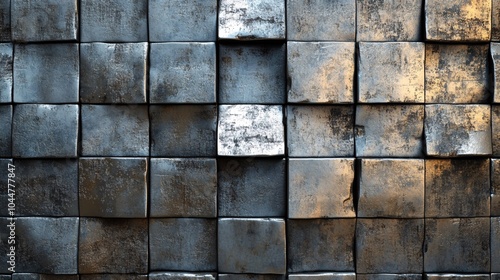 2410 114.A seamless arrangement of metallic blocks forming a textured background, with each block precisely aligned to create a uniform, reflective surface. The cool, industrial feel of the metal