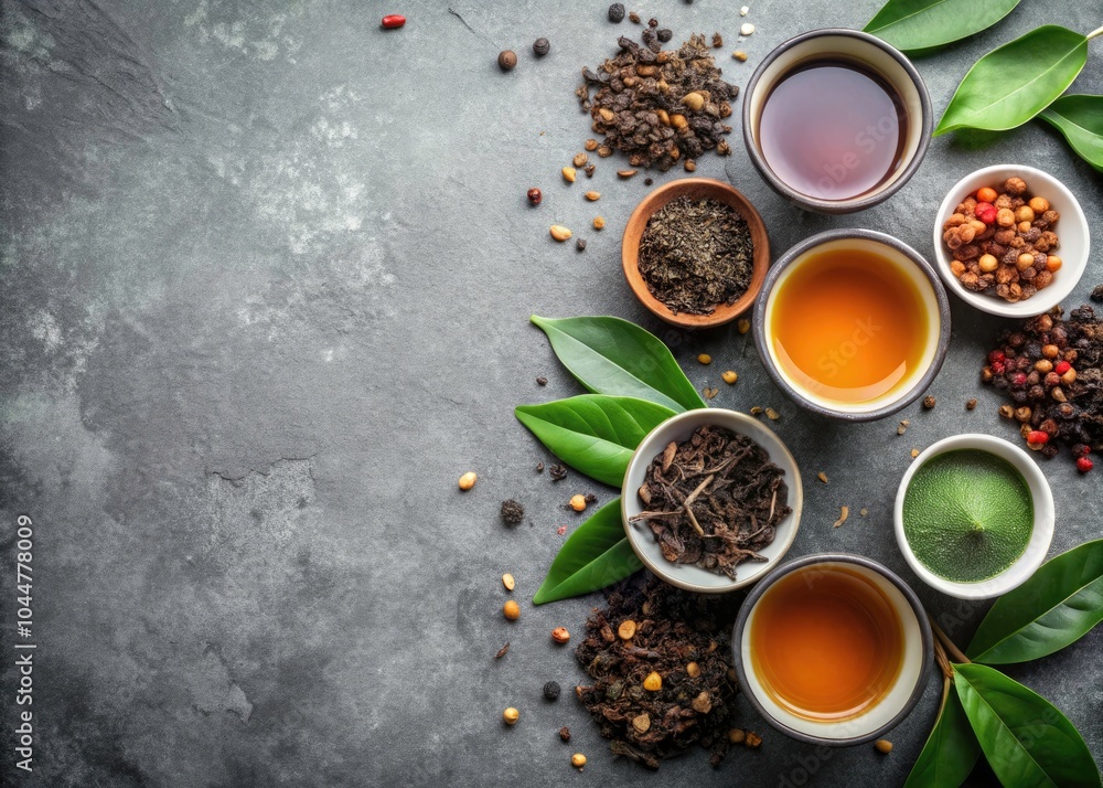 Assorted Tea Leaves and Elegant Cups on a Gray Background - Perfect for Tea Lovers, Herbal Blends, and Natural Ingredients Assorted Tea Leaves and Elegant Cups on a Gray Background - Perfect for Tea Lovers, Herbal Blends, and Natural Ingredients