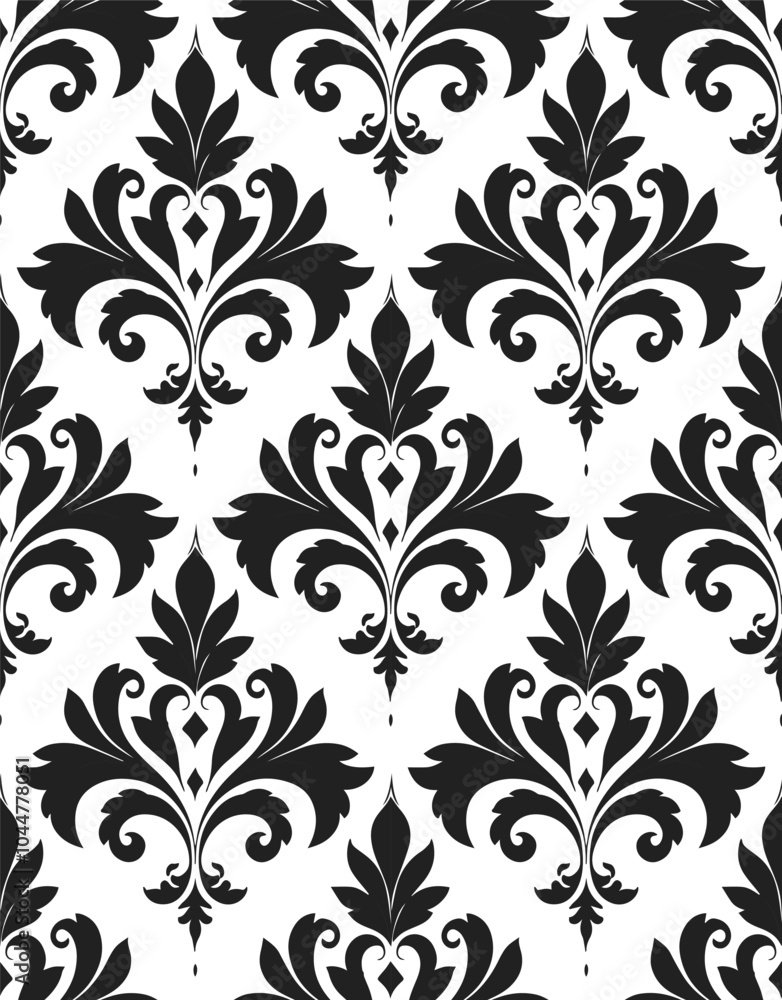Antique floral design with repeated damask pattern, black on white background. Seamless damask pattern. Antique floral design with repeated damask pattern, black on white background. Seamless damask pattern.