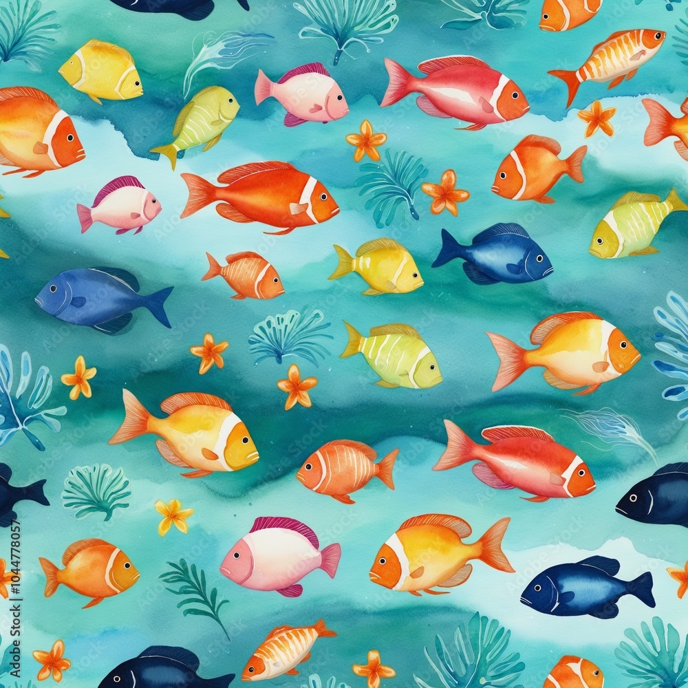 Fototapeta premium Oceanic Delights: Fishes Under Watre - Watercolor Illustration