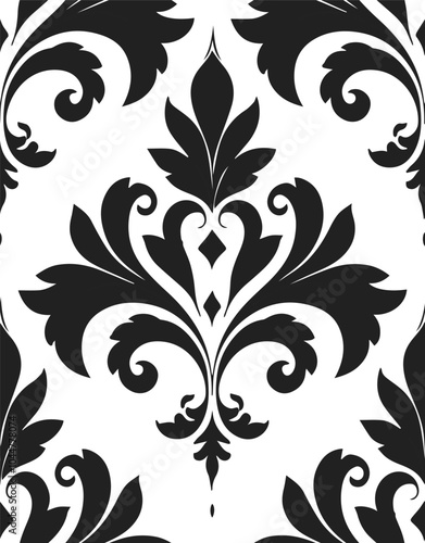 Vintage floral pattern with ornamental details in black, forming a seamless design. Seamless damask pattern.