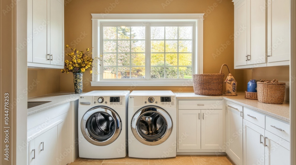 Laundry corner with a washing machine, white cabinetry, and a sink, framed by warm neutral tones. Laundry corner with a washing machine, white cabinetry, and a sink, framed by warm neutral tones.