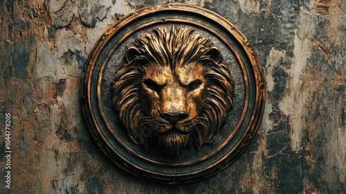 Vintage style round emblem featuring a lion head design with weathered metal accents ideal for logo or amulet purposes photo