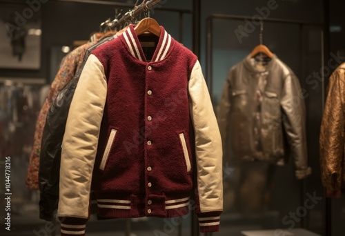 Burgundy Vintage Letterman Jacket with Cream Leather Sleeves and Chenille Patches photo