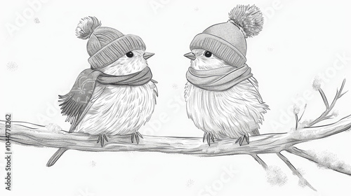 Cute birds in hat and scarf sitting on the branch. Coloring page. Extremely simple pencil line drawing