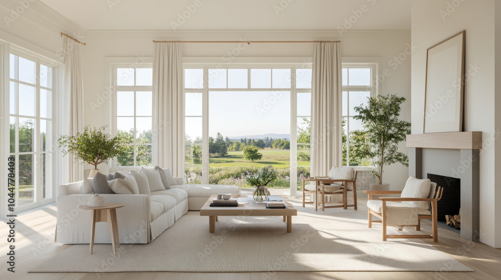 A bright and airy living room features large windows with scenic view, showcasing modern design with neutral tones. space includes comfortable sofa, wooden furniture, and greenery, creating serene atm A bright and airy living room features large windows with scenic view, showcasing modern design with neutral tones. space includes comfortable sofa, wooden furniture, and greenery, creating serene atm