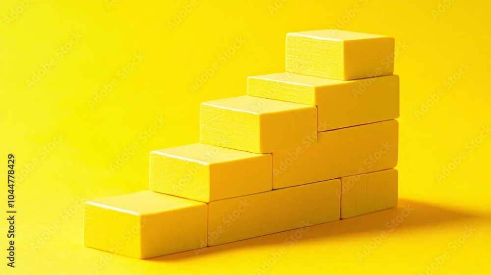 2410 52.A set of yellow wooden blocks stacked to resemble a staircase on a bright yellow paper background, representing the foundation of success. The blocks are neatly aligned, highlighting the 2410 52.A set of yellow wooden blocks stacked to resemble a staircase on a bright yellow paper background, representing the foundation of success. The blocks are neatly aligned, highlighting the